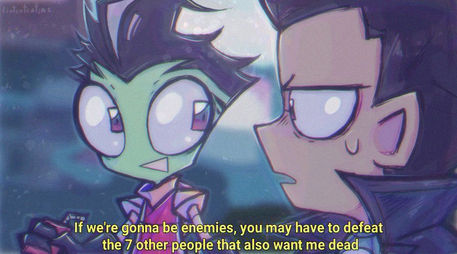 2boys, alien, black_hair, close-up, colored_skin, dib_(invader_zim), english_text, gir_(invader_zim), green_skin, invader_zim, linterteatime, male_focus, multiple_boys, parody, scene_reference, scott_pilgrim_(series), scott_pilgrim_vs_the_world_(movie), shirt, short_hair, smile, toon_(style), upper_body
