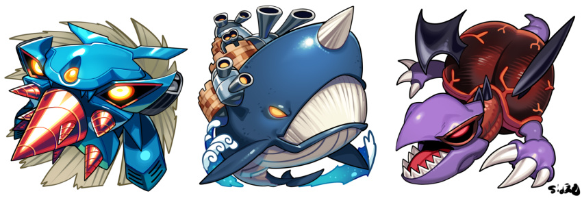 black_wings, canons, dragon, duel_monster, full_body, highres, horns, labyrinth_tank, meteor_dragon, no_humans, open_mouth, sharp_teeth, sido_(slipknot), simple_background, single_horn, teeth, toon_citadel_whale, whale, white_background, wings, yellow_eyes, yu-gi-oh!