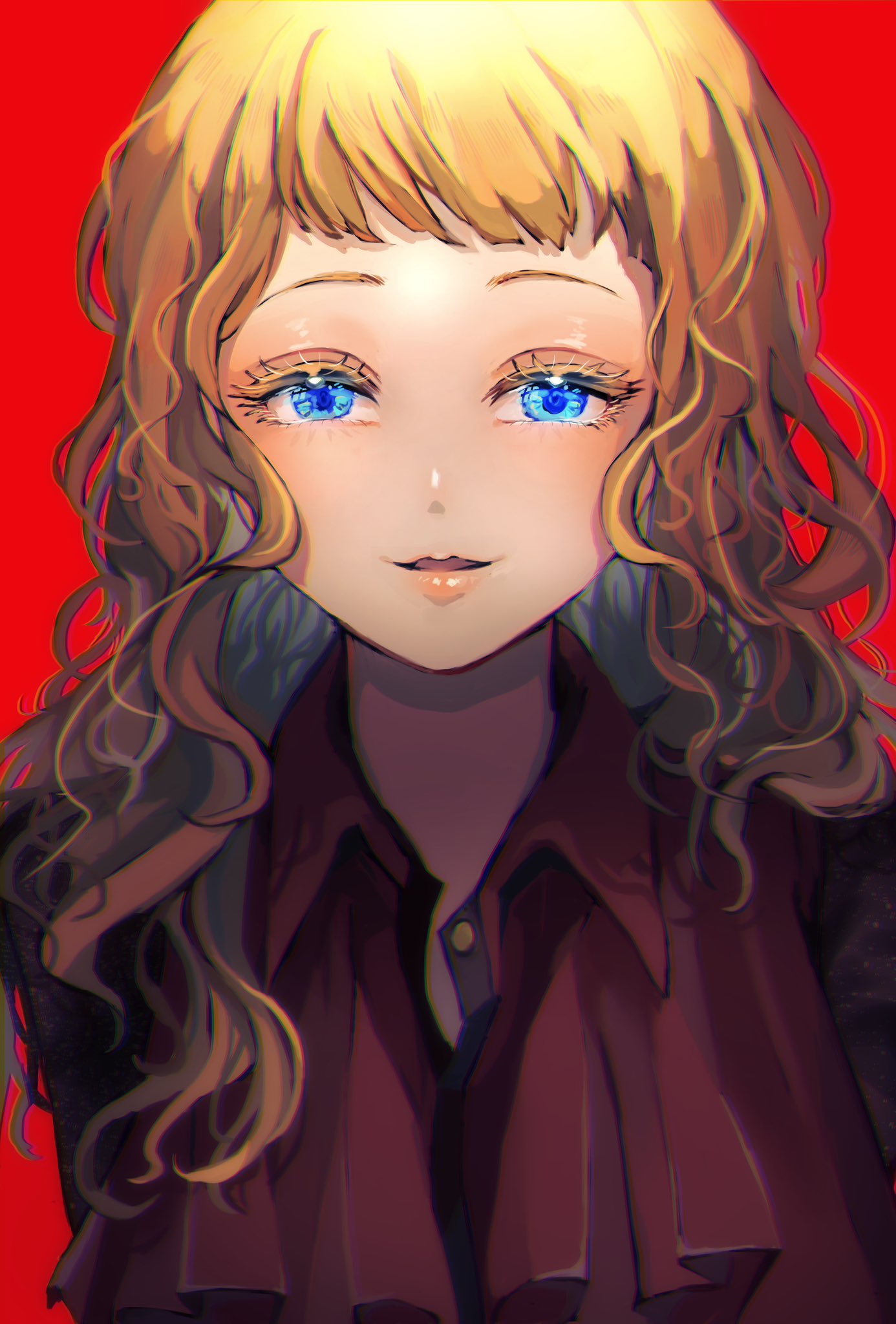 1girl, blue_eyes, brown_hair, curly_hair, dress, eyelashes, gnosia, hair_between_eyes