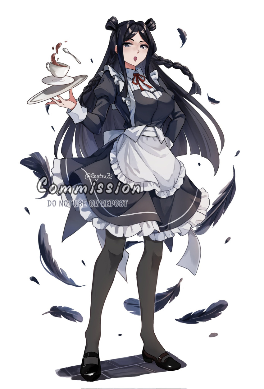1girl, alternate_costume, apron, black_dress, black_eyes, black_feathers, black_footwear, black_hair
