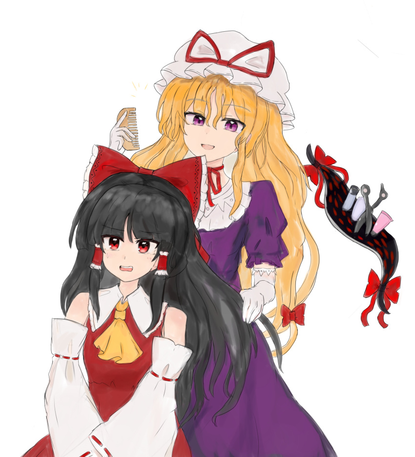 2girls, 83mkneinlsqmebq, ascot, black_hair, blonde_hair, bow, brushing_another's_hair, brushing_hair