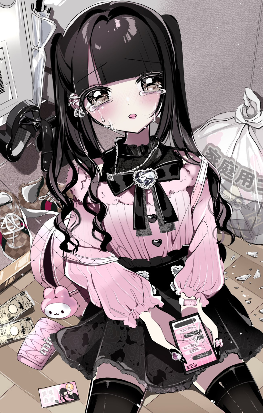 1girl, backpack, bag, black_bow, black_footwear, black_hair, black_skirt, black_thighhighs