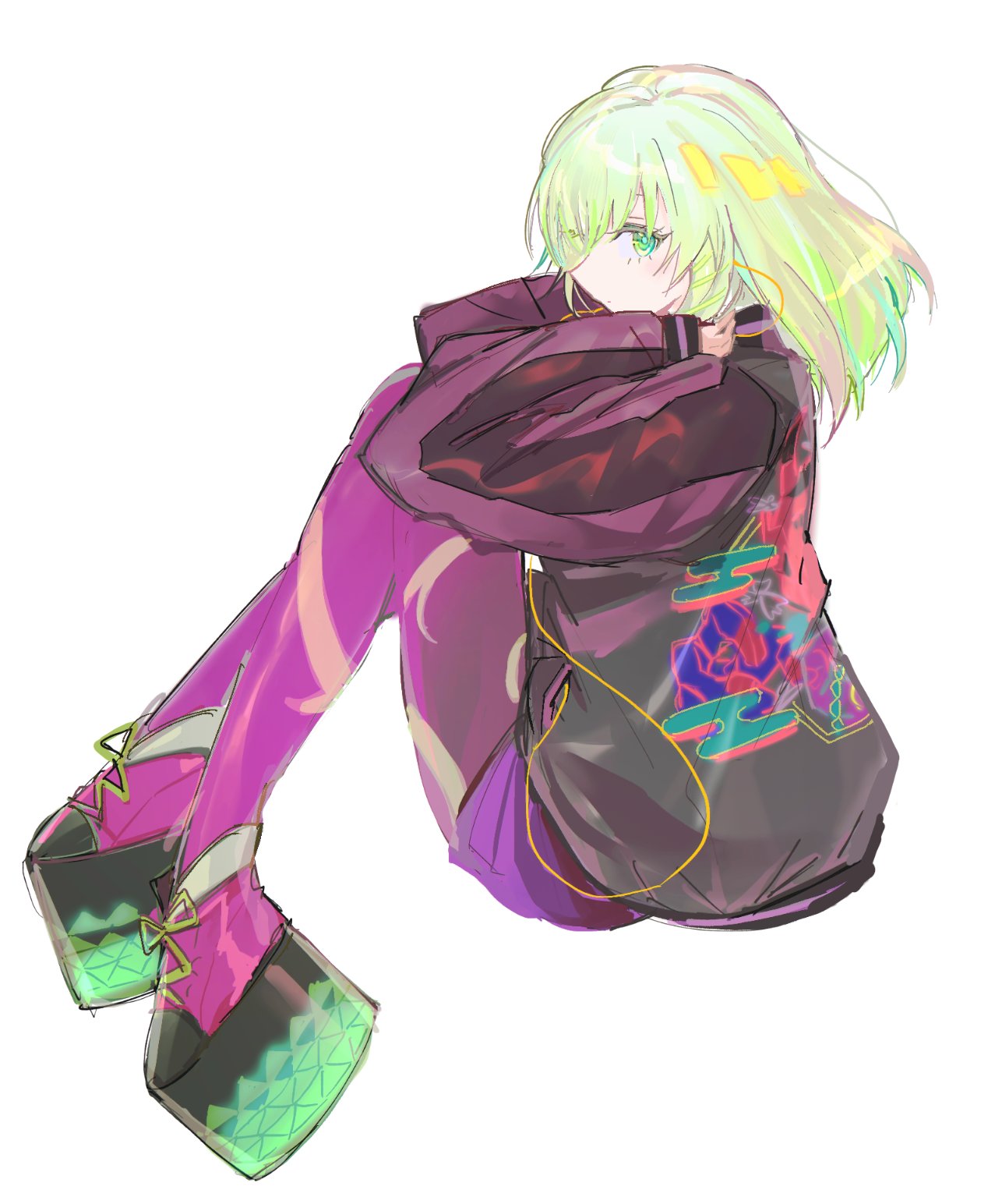 1girl, black_jacket, commentary, duel_monster, egasumi, from_side, full_body, gradient_footwear