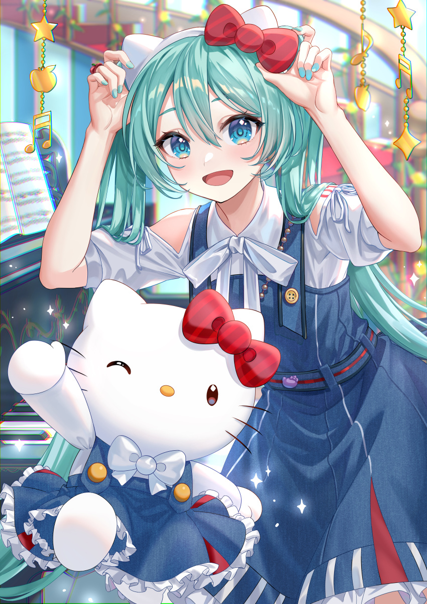2girls, absurdres, animal, animal_ears, aqua_eyes, aqua_hair, bare_shoulders, blue_dress