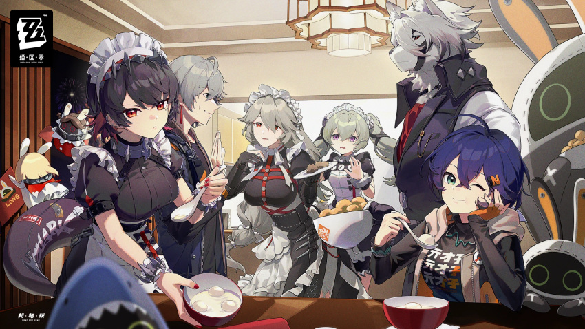 2boys, 4girls, alexandrina_sebastiane, apron, artist_request, bangboo_(zenless_zone_zero), belle_(zenless_zone_zero), black_dress