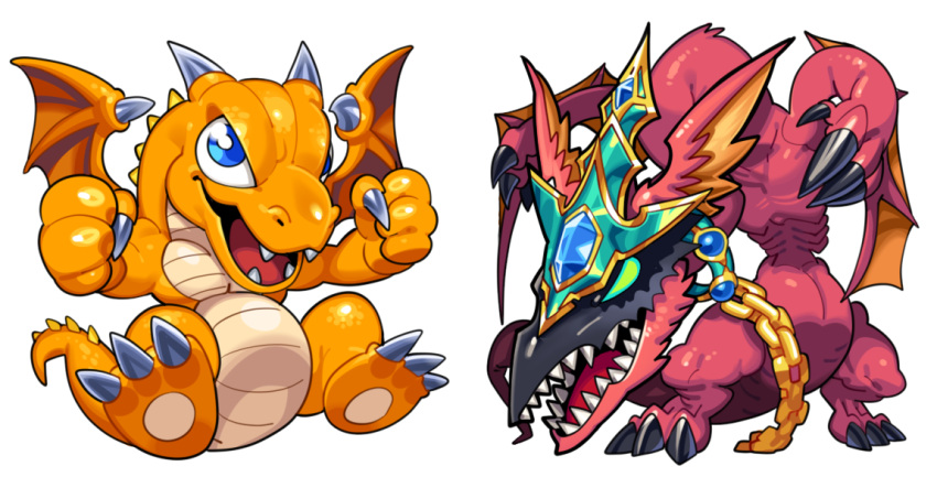 animal_focus, baby_dragon, blue_eyes, blue_gemstone, bright_pupils, chain, claws, clenched_hands, dragon, duel_monster, gem, harpie's_pet_dragon, no_humans, open_mouth, ribs, sharp_teeth, sido_(slipknot), simple_background, teeth, white_background, white_pupils, yu-gi-oh!