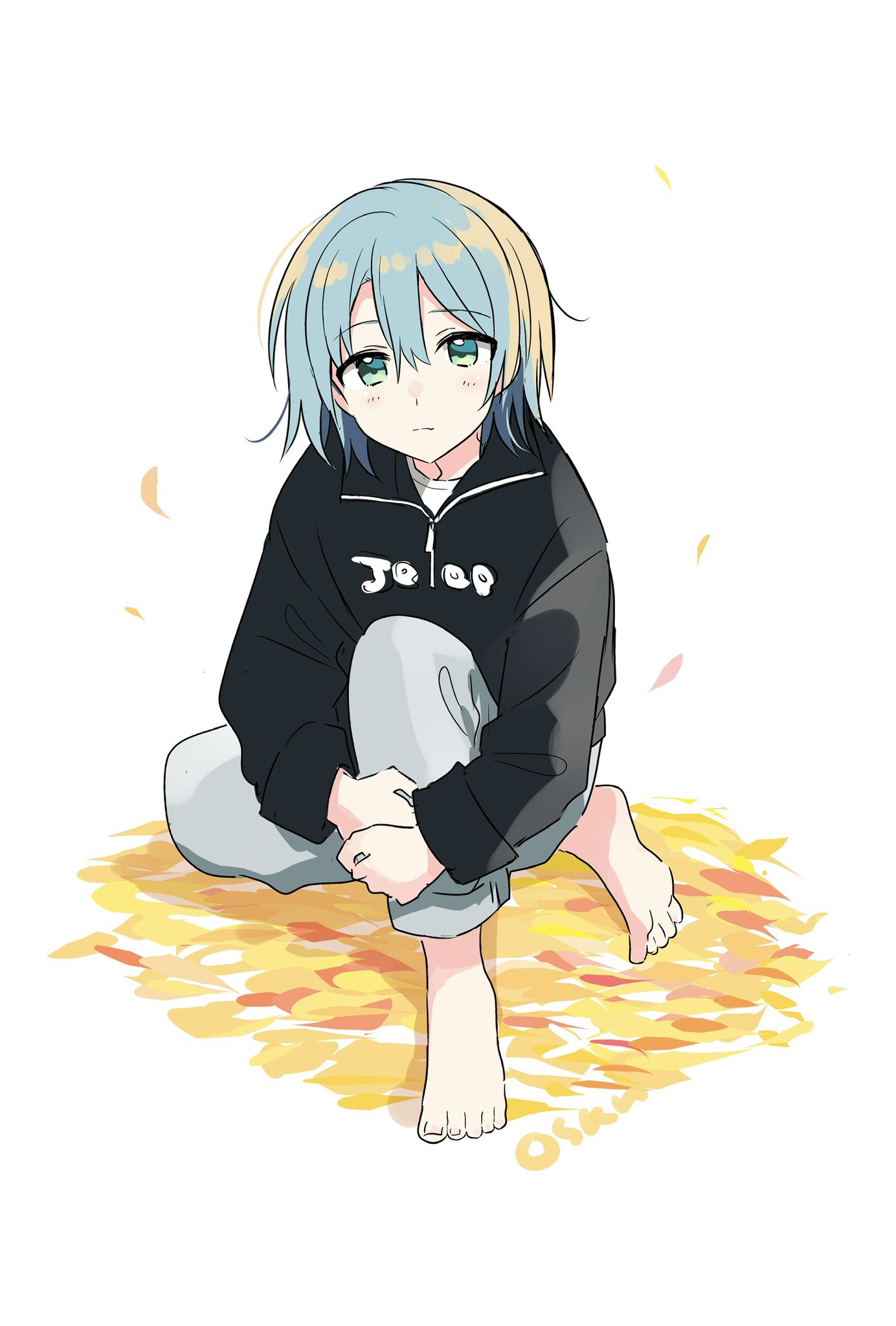 1girl, barefoot, black_jacket, blue_eyes, blue_hair, closed_mouth, commentary, doushitara_osananajimi_no_kanojo_ni_naremasu_ka!?