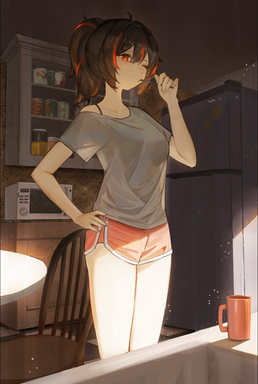 1girl, absurdres, black_hair, breasts, brushing_teeth, dolphin_shorts, feet_out_of_frame, grey_shirt, hand_on_own_hip, highres, holding, holding_toothbrush, indoors, light_particles, medium_breasts, microwave, one_eye_closed, ponytail, red_eyes, red_shorts, redhead, refrigerator, roupo99, shirt, shorts, single_off_shoulder, solo, t-shirt, toothbrush, toothbrush_in_mouth, zenless_zone_zero, zhu_yuan