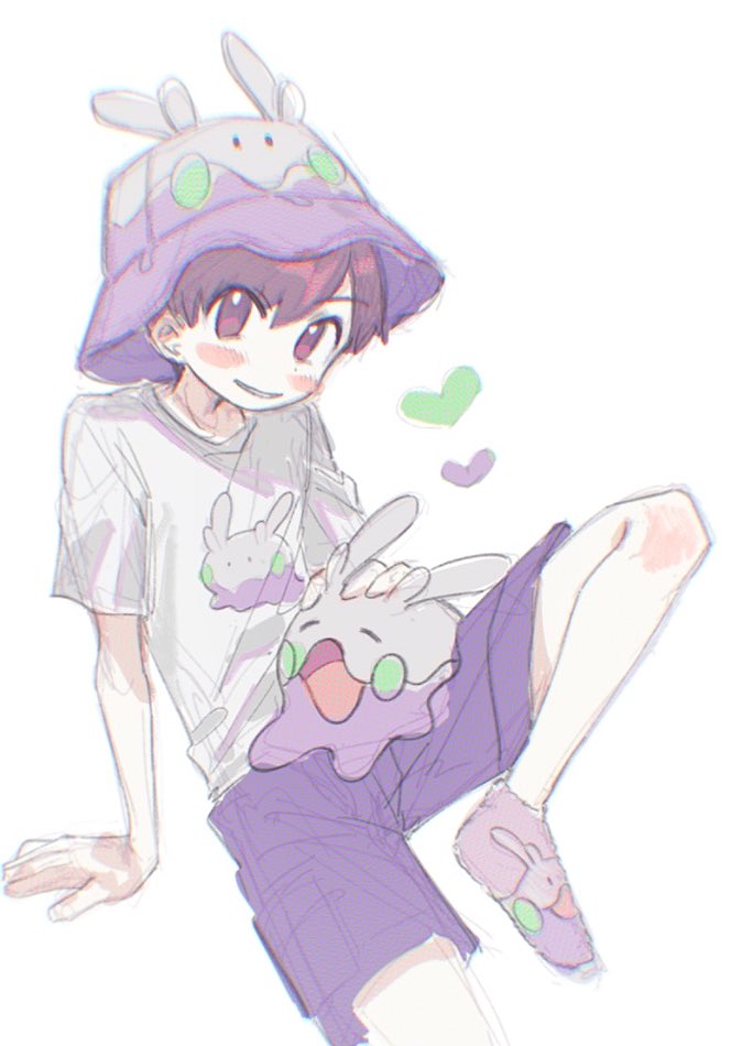 1boy, blush, brown_hair, closed_eyes, commentary, florian_(pokemon), goomy, hat