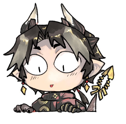 1boy, arknights, bbsbri_ml, black_coat, brown_hair, chibi, chong_yue_(arknights), coat, commentary_request, dragon_boy, dragon_horns, dragon_tail, earrings, horns, jewelry, korean_commentary, long_hair, low_ponytail, male_focus, multicolored_hair, pointy_ears, simple_background, solo, streaked_hair, tail, tongue, tongue_out, upper_body, white_background