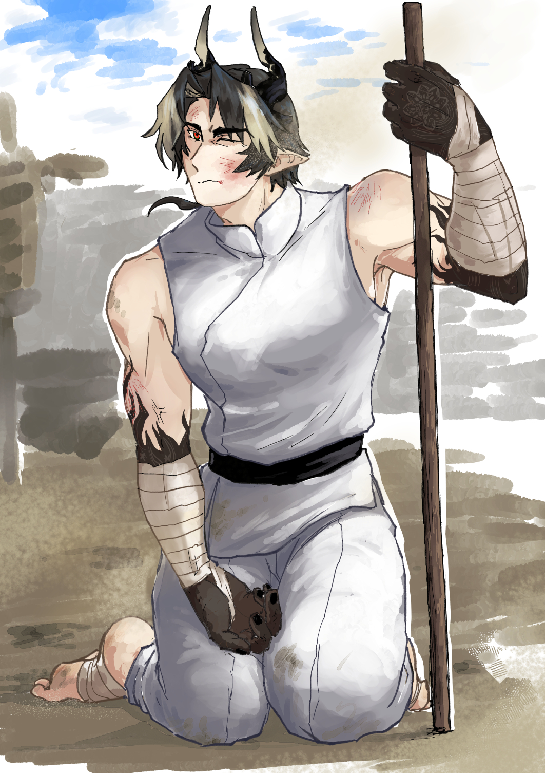 1boy, arknights, arm_wrap, bbsbri_ml, black_hair, bruise, bruise_on_face, bruise_on_shoulder, chong_yue_(arknights), closed_mouth, commentary_request, dragon_boy, dragon_horns, foot_wraps, full_body, highres, holding, holding_staff, horns, injury, kneeling, korean_commentary, looking_at_viewer, male_focus, multicolored_hair, one_eye_closed, outdoors, red_eyes, sleeveless, staff, streaked_hair