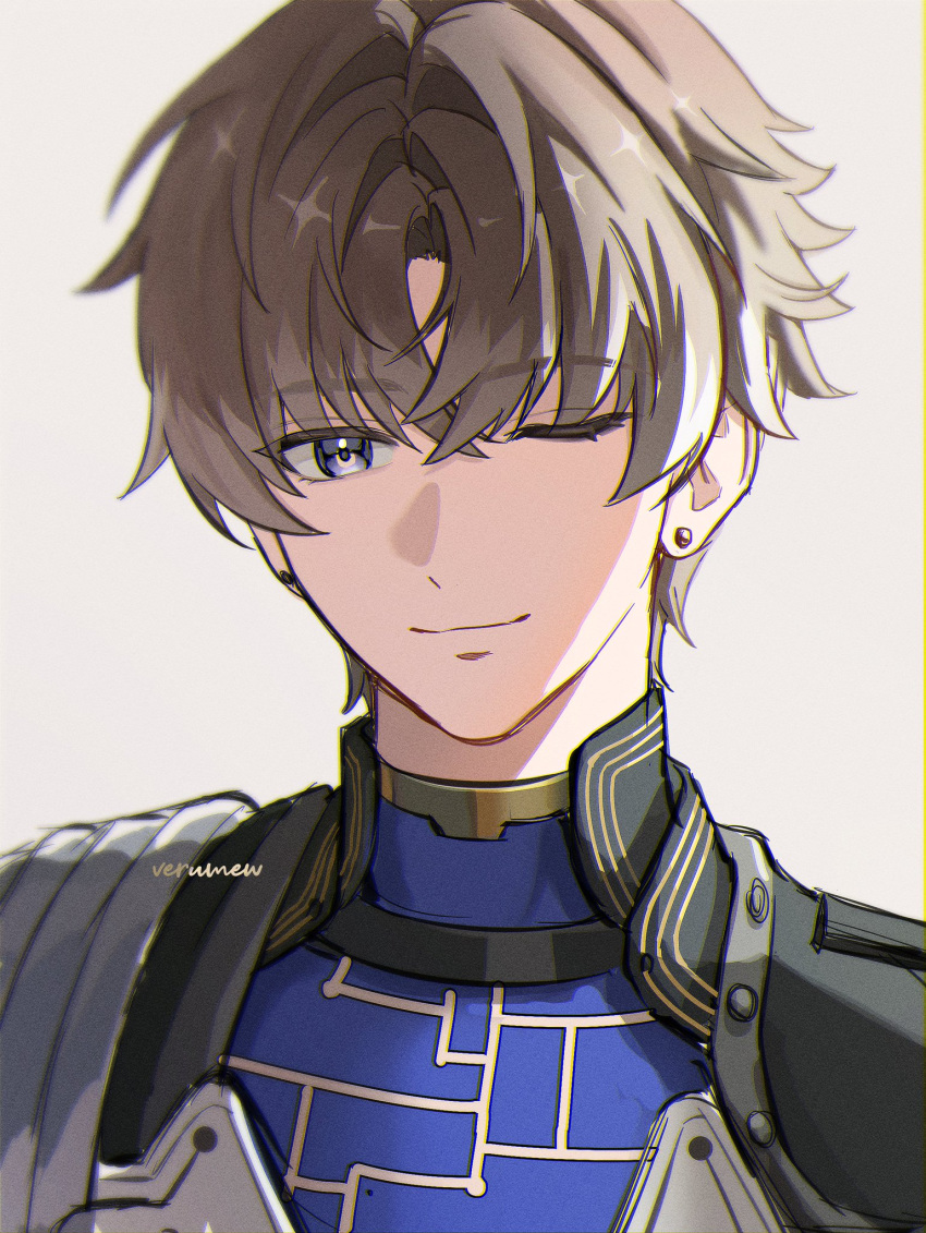 1boy, black_choker, blue_eyes, brown_hair, choker, closed_mouth, commentary, ear_piercing