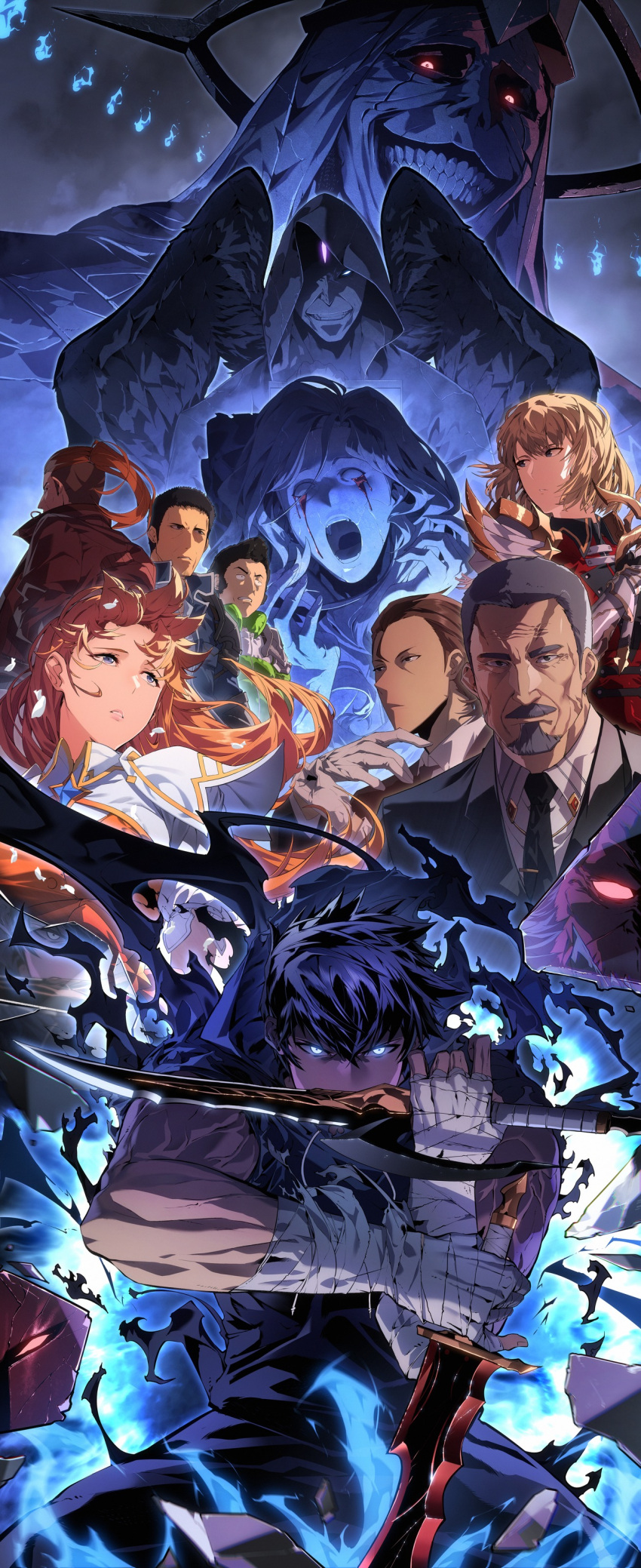 3girls, 6+boys, absurdres, aura, baek_yoon-ho, bandaged_arm, bandages, black_hair