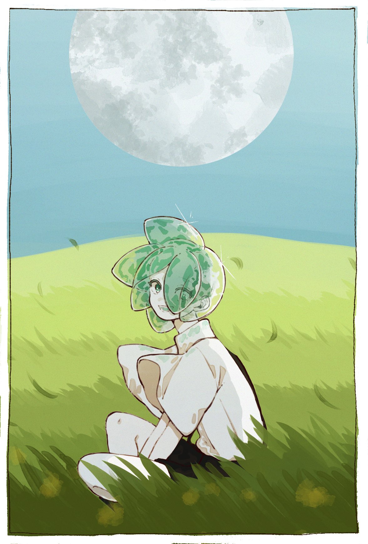 1other, bad_id, bad_twitter_id, black_skirt, blue_sky, border, crystal_hair, field, floating_hair, from_side, full_body, full_moon, glint, grass, green_eyes, green_hair, hair_over_one_eye, highres, houseki_no_kuni, indian_style, looking_at_viewer, looking_to_the_side, moon, moon_in_daylight, on_ground, open_mouth, outdoors, phosphophyllite, shiro_(kuro_guu), shirt, short_hair, short_sleeves, sitting, skirt, sky, smile, solo, suspender_skirt, suspenders, translucent_hair, white_border, white_shirt, wide_sleeves