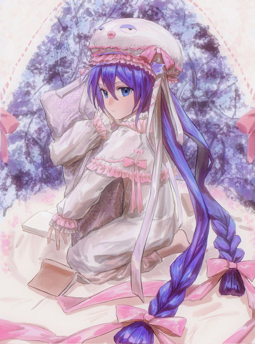 barefoot, blue_eyes, blue_hair, book, bow, braid, braided_twintails, crypton_future_media