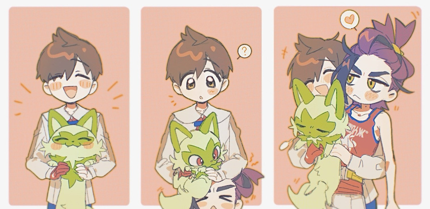2boys, :<, :3, ?, black_hair, blush, brown_eyes, brown_hair