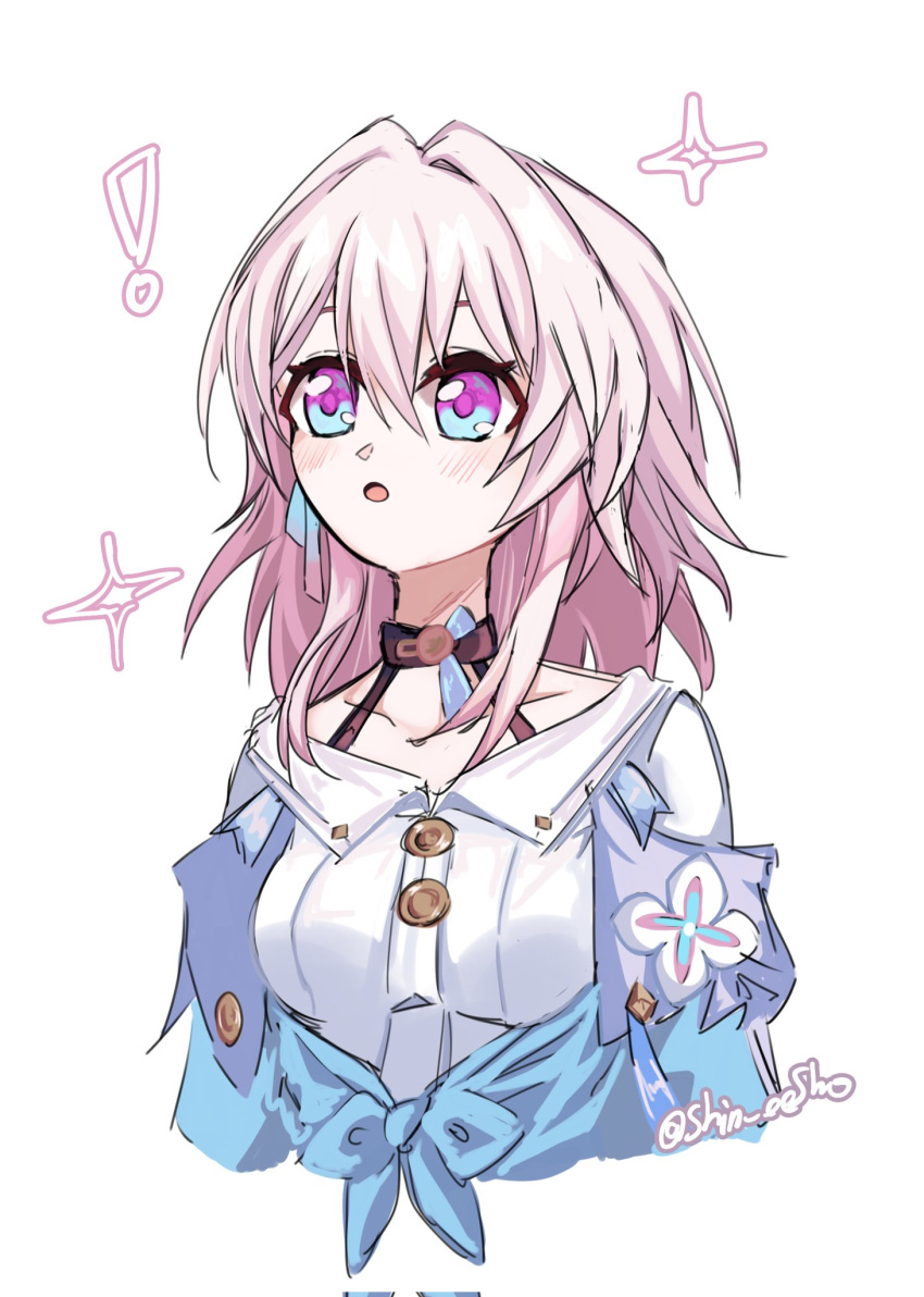 !, 1girl, blue_eyes, blue_jacket, blush, bra_strap, chujian_(shin_eesho), hair_between_eyes, highres, honkai:_star_rail, honkai_(series), jacket, march_7th_(honkai:_star_rail), march_7th_(preservation)_(honkai:_star_rail), medium_hair, open_mouth, pink_hair, shirt, solo, two-tone_eyes, upper_body, violet_eyes, white_shirt
