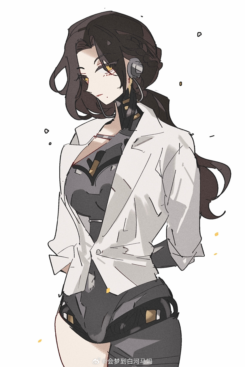 1girl, absurdres, android, arms_behind_back, breasts, brown_hair, cowboy_shot, dress_shirt, half_up_braid, highres, hl_(iamawhitehippo), joints, long_hair, looking_at_viewer, low_ponytail, lucy_(reverse:1999), metal_skin, reverse:1999, robot_ears, robot_girl, robot_joints, shirt, sleeves_pushed_up, solo, weibo_logo, weibo_watermark, white_background, white_shirt, yellow_eyes