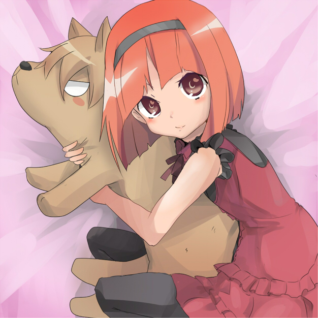 bob_cut, brown_eyes, hairband, hug, iyoda_mato, ookami-san, pantyhose, red_hair