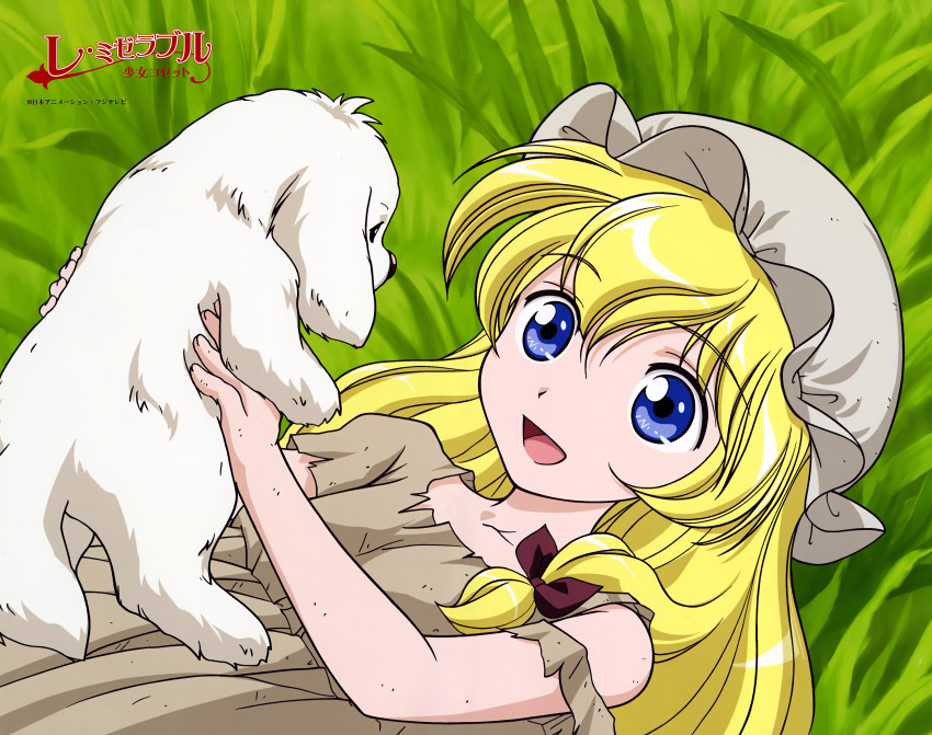 blonde_hair, blue_eyes, bonnet, cosette, dirty, dog, grass, laying_down