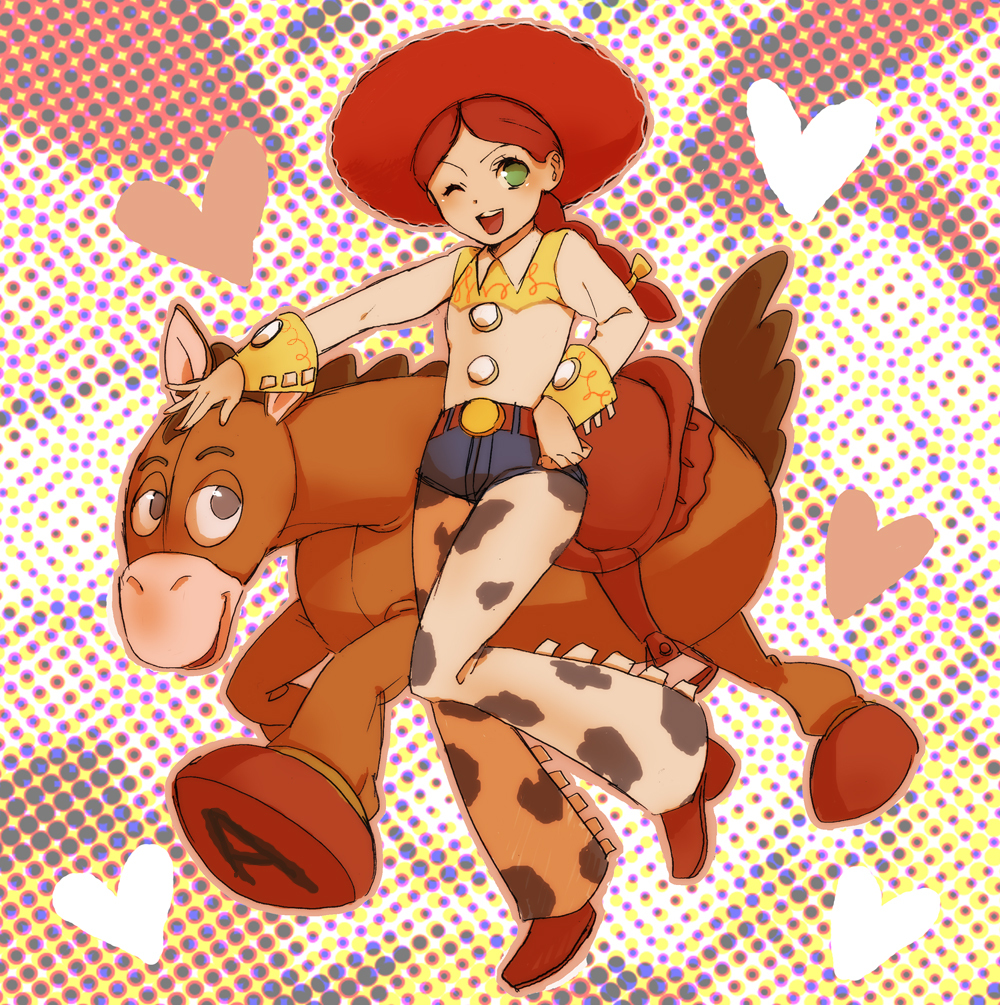 bullseye, bullseye_(toy_story), cowboy_hat, halftone, halftone_background, hat, jessie_(toy_story), jessie_the_yodeling_cowgirl