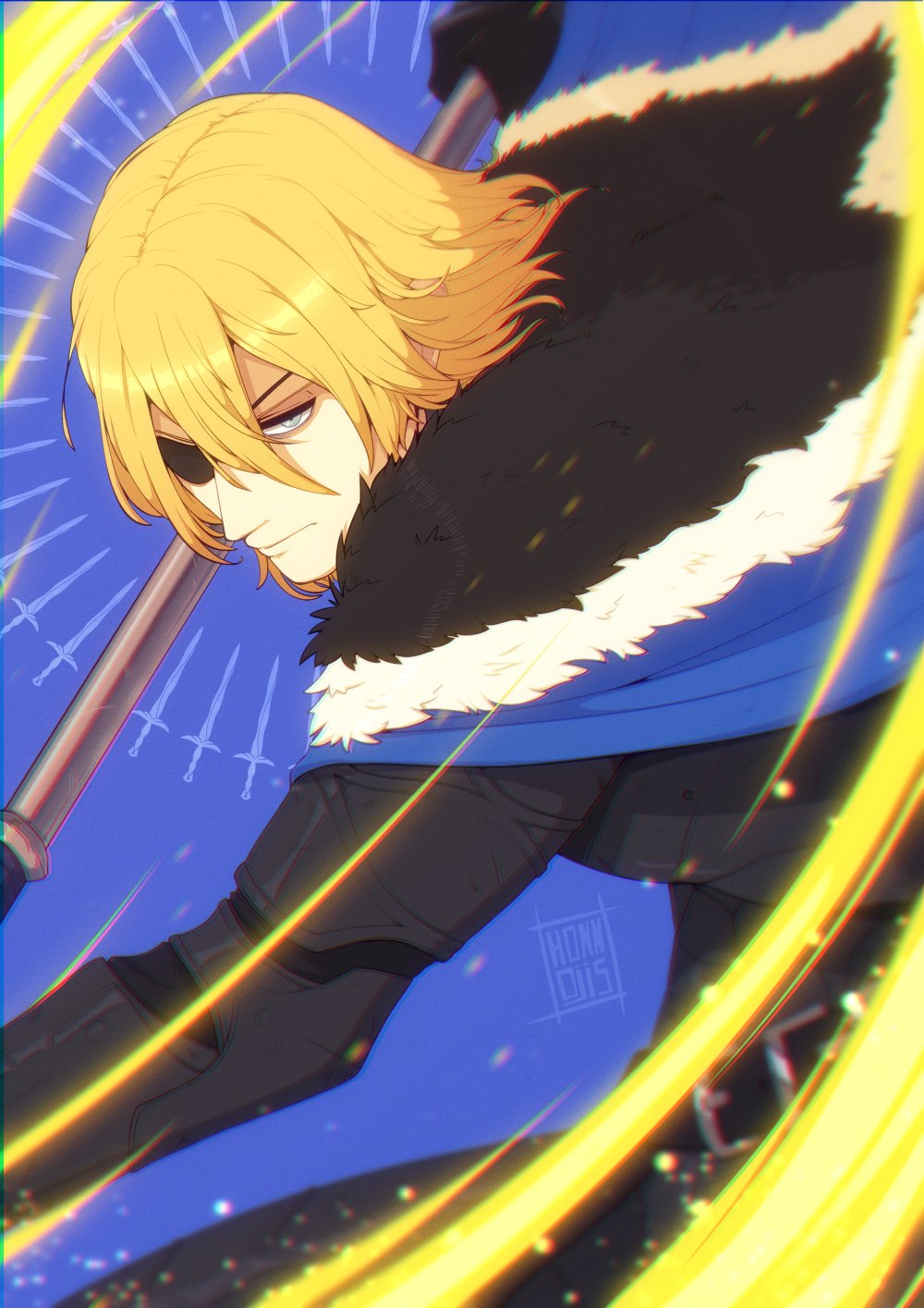 1boy, armor, black_armor, black_fur, black_gloves, blonde_hair, blue_background, blue_cape, blue_eyes, cape, closed_mouth, dimitri_alexandre_blaiddyd, energy, eyepatch, fighting_stance, fire_emblem, fire_emblem:_three_houses, fur_trim, gloves, hair_between_eyes, highres, holding, holding_polearm, holding_weapon, honnojis, looking_at_viewer, male_focus, one_eye_covered, polearm, solo, spear, weapon, white_fur
