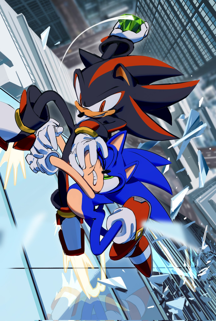 2boys, animal_nose, black_fur, blue_fur, building, chaos_emerald, chaosrice, city, commission, furry, furry_male, gloves, green_eyes, hand_on_own_face, hedgehog, hedgehog_ears, hedgehog_tail, highres, male_focus, multicolored_hair, multiple_boys, red_eyes, red_fur, shadow_the_hedgehog, shoes, smirk, sonic_(series), sonic_the_hedgehog, streaked_hair, teeth, white_gloves