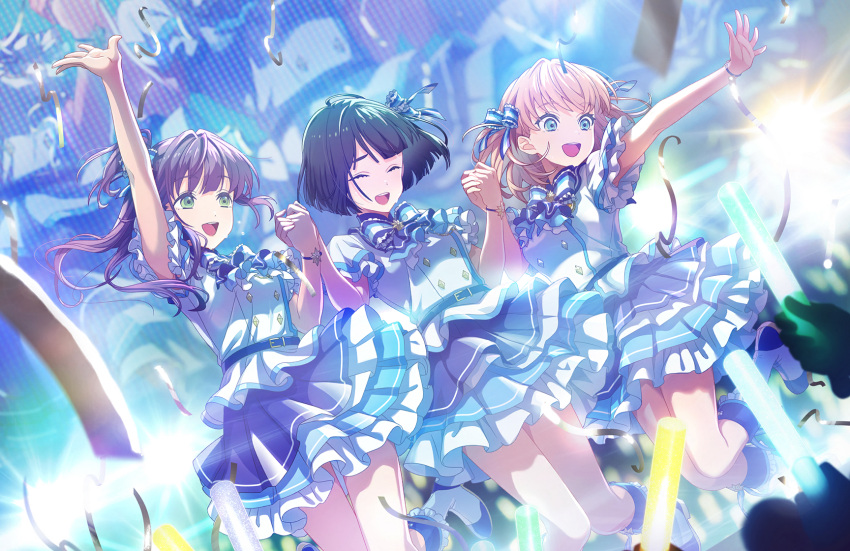365_days_(love_live!), 3girls, :d, ^_^, ankle_boots, arm_up, audience, black_hair