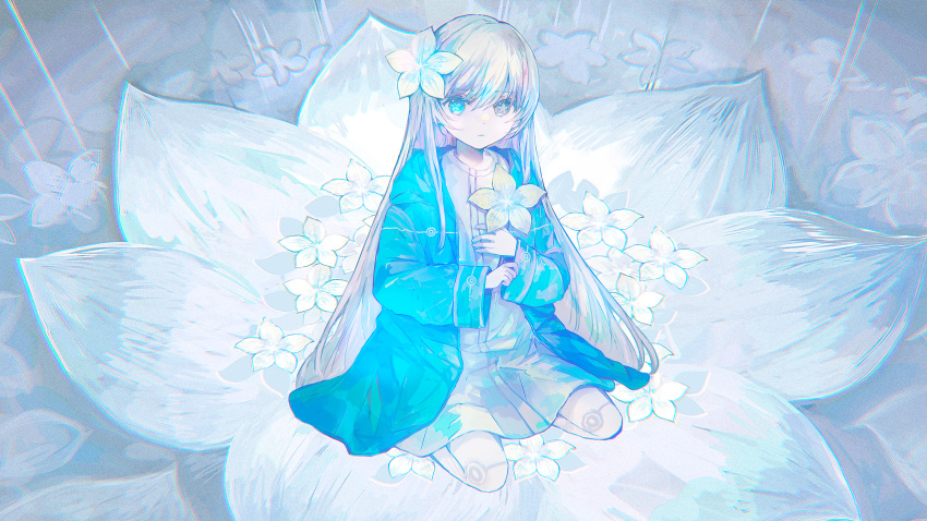 1girl, absurdres, blue_eyes, closed_mouth, colored_skin, flower, grey_eyes, hair_flower