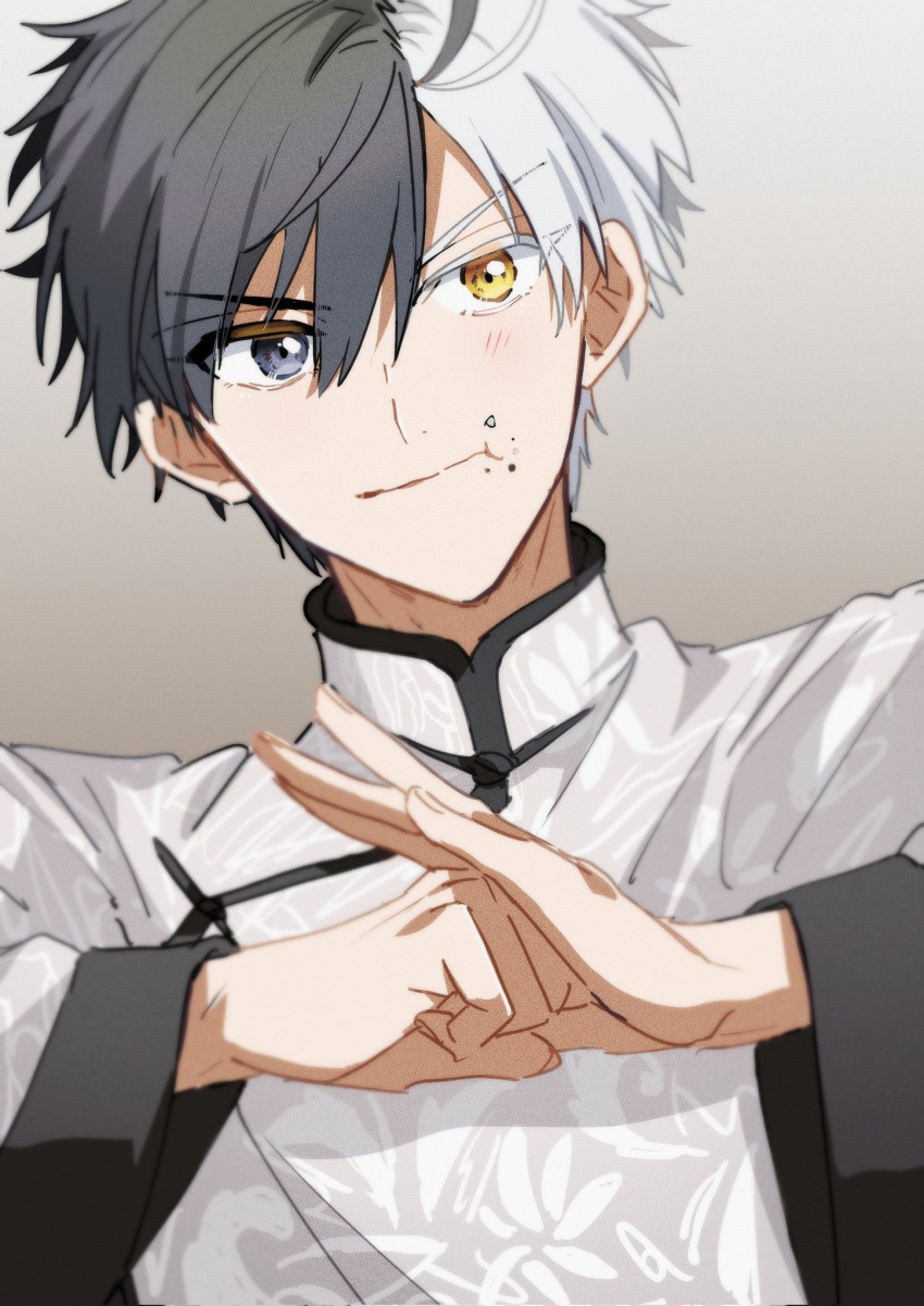 1boy, alternate_costume, black_hair, chewing, chinese_clothes, heterochromia, highres, male_focus, multicolored_hair, sakura_haruka_(wind_breaker), short_hair, solo, split-color_hair, swag_yo, v-shaped_eyebrows, white_hair, wind_breaker_(nii_satoru)