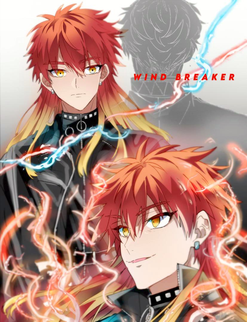 1boy, belt, black_jacket, closed_mouth, earrings, electricity, gradient_hair, jacket, jewelry, male_focus, medium_hair, multicolored_hair, multiple_views, open_clothes, orange_hair, popped_collar, redhead, smile, solo, swag_yo, takiishi_chika, two-tone_hair, v-shaped_eyebrows, wind_breaker_(nii_satoru), yellow_eyes