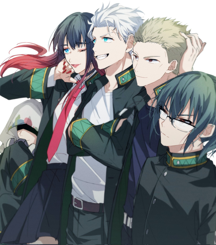 1girl, 4boys, aqua_hair, belt, black_hair, blue_eyes, glasses, gradient_hair