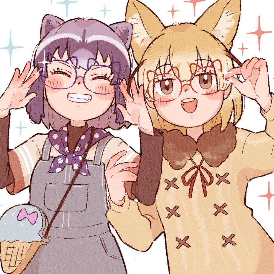 0nanaten, 2girls, :d, ^_^, adjusting_eyewear, alternate_costume, animal-themed_eyewear, animal_ear_fluff, animal_ears, bag, bespectacled, blonde_hair, blue-framed_eyewear, blush_stickers, brown_eyes, brown_hair, closed_eyes, commentary, common_raccoon_(kemono_friends), extra_ears, facing_viewer, fang, fennec_(kemono_friends), fox_ears, fox_girl, glasses, grey_hair, grin, kemono_friends, layered_sleeves, long_sleeves, looking_at_viewer, multicolored_hair, multiple_girls, open_mouth, overalls, raccoon_ears, raccoon_girl, red-framed_eyewear, short_hair, short_over_long_sleeves, short_sleeves, shoulder_bag, simple_background, smile, sparkle, sparkle_background, teeth, upper_teeth_only, white_background