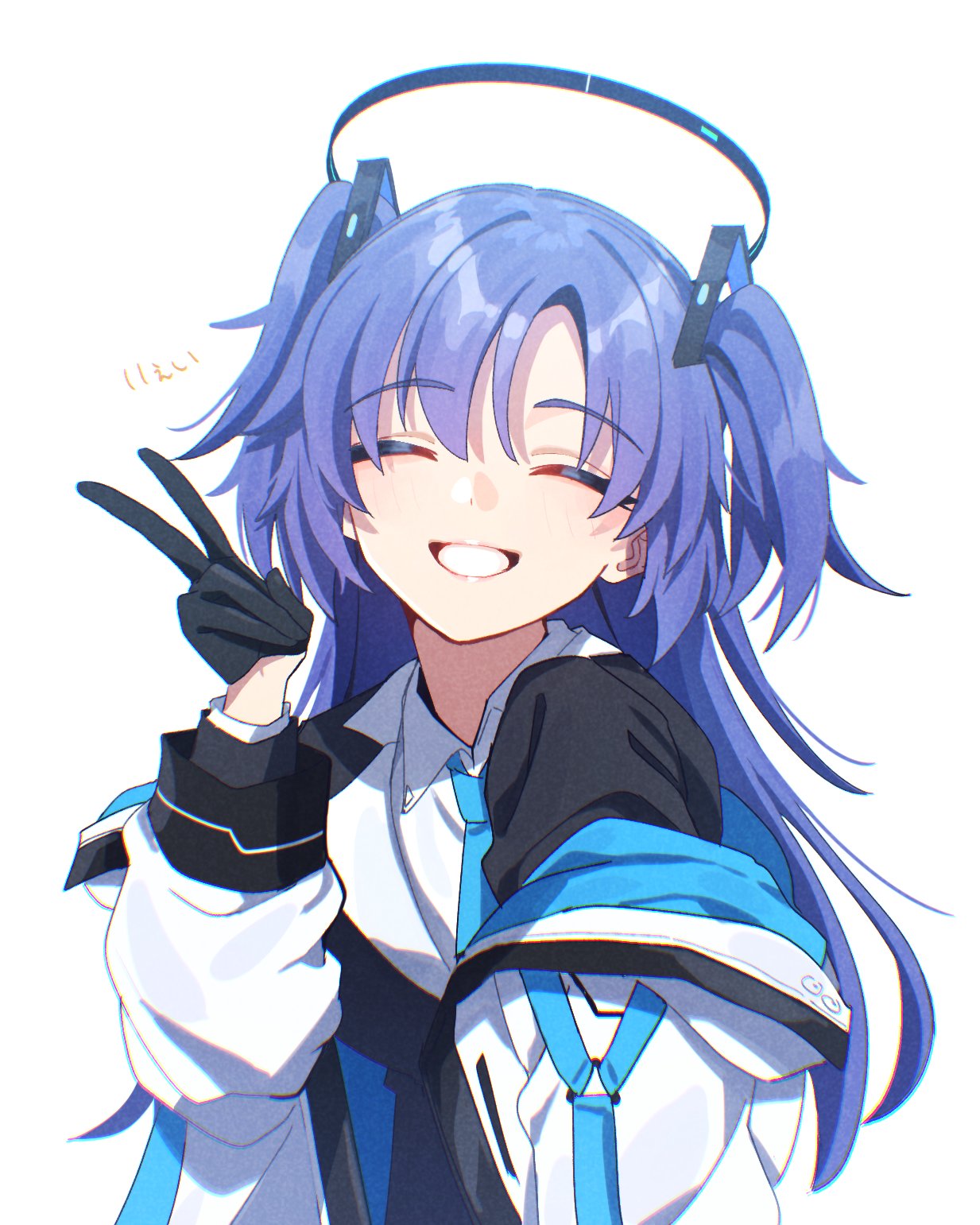 1girl, black_gloves, black_halo, black_jacket, blue_archive, blue_necktie, closed_eyes, collared_shirt