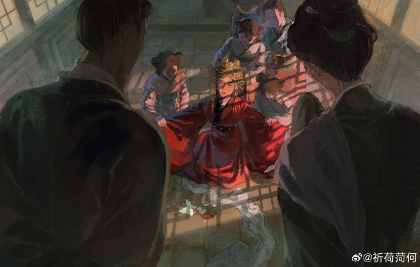 1boy, 5girls, absurdres, back, beard, black_hair, brown_eyes, chinese_clothes