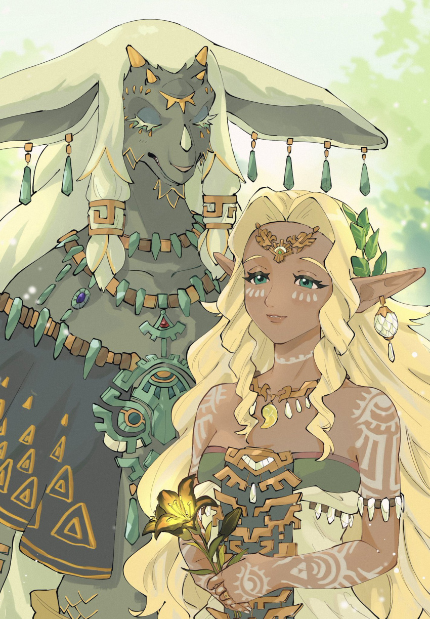 1boy, 1girl, arm_tattoo, bare_shoulders, blonde_hair, body_markings, circlet, closed_eyes