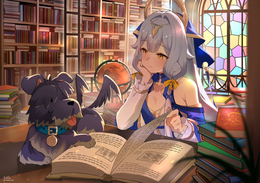 1girl, bare_shoulders, blue_dress, blue_veil, book, commentary, dog, dress, duonigue_(honkai_impact), english_commentary, globe, head_rest, highres, honkai_(series), honkai_impact_3rd, library, long_hair, long_sleeves, mush_(mushlicious), official_art, second-party_source, serapeum_(honkai_impact), smile, stained_glass, tail, tail_wagging, white_hair, white_sleeves, yellow_eyes