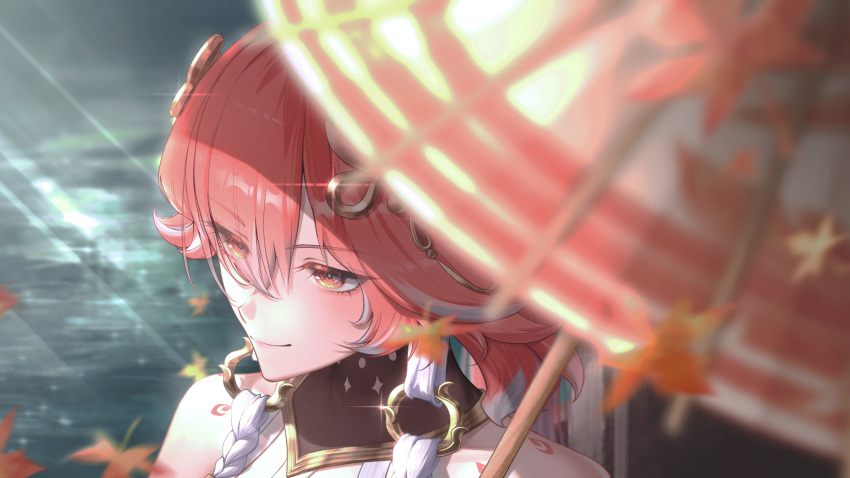 1girl, bare_shoulders, black_collar, blurry, blurry_foreground, body_markings, braid, changli_(wuthering_waves)