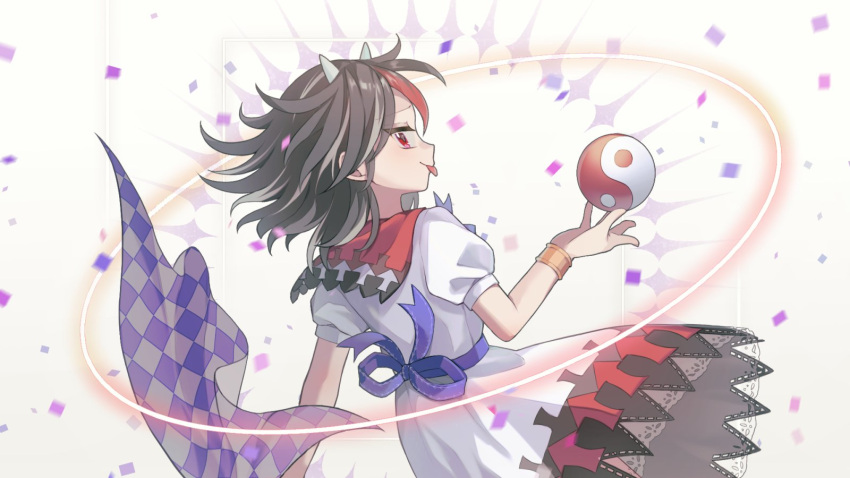 1girl, arrow_print, black_hair, commentary_request, confetti, dress, from_side, highres