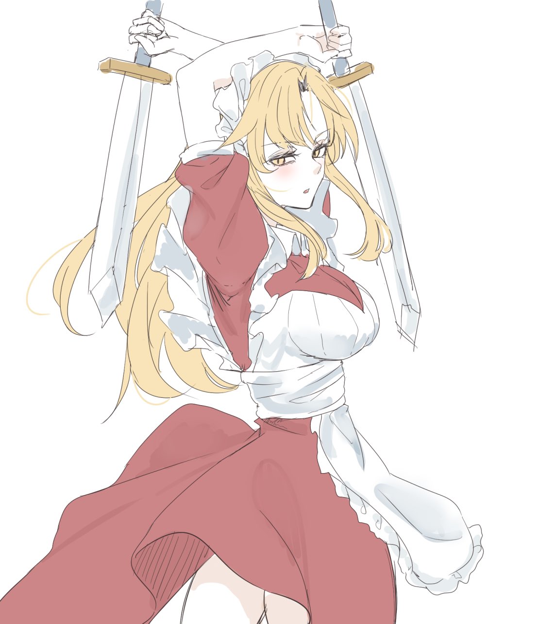 1girl, apron, arms_up, blonde_hair, blush, commentary, dress, highres, holding, holding_sword, holding_weapon, kanaria_(bocmn), long_hair, looking_at_viewer, maid, maid_headdress, open_mouth, red_dress, short_sleeves, simple_background, solo, sword, touhou, touhou_(pc-98), weapon, white_apron, white_background, yellow_eyes, yumeko_(touhou)