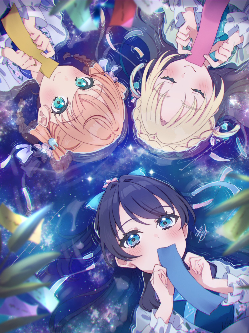 3girls, aqua_eyes, blonde_hair, blue_eyes, blue_hair, blue_ribbon, blurry, blurry_foreground