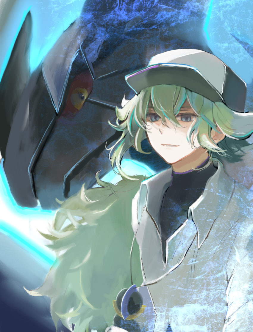 1boy, absurdres, aura, baseball_cap, black_undershirt, blue_aura, blue_eyes, close-up