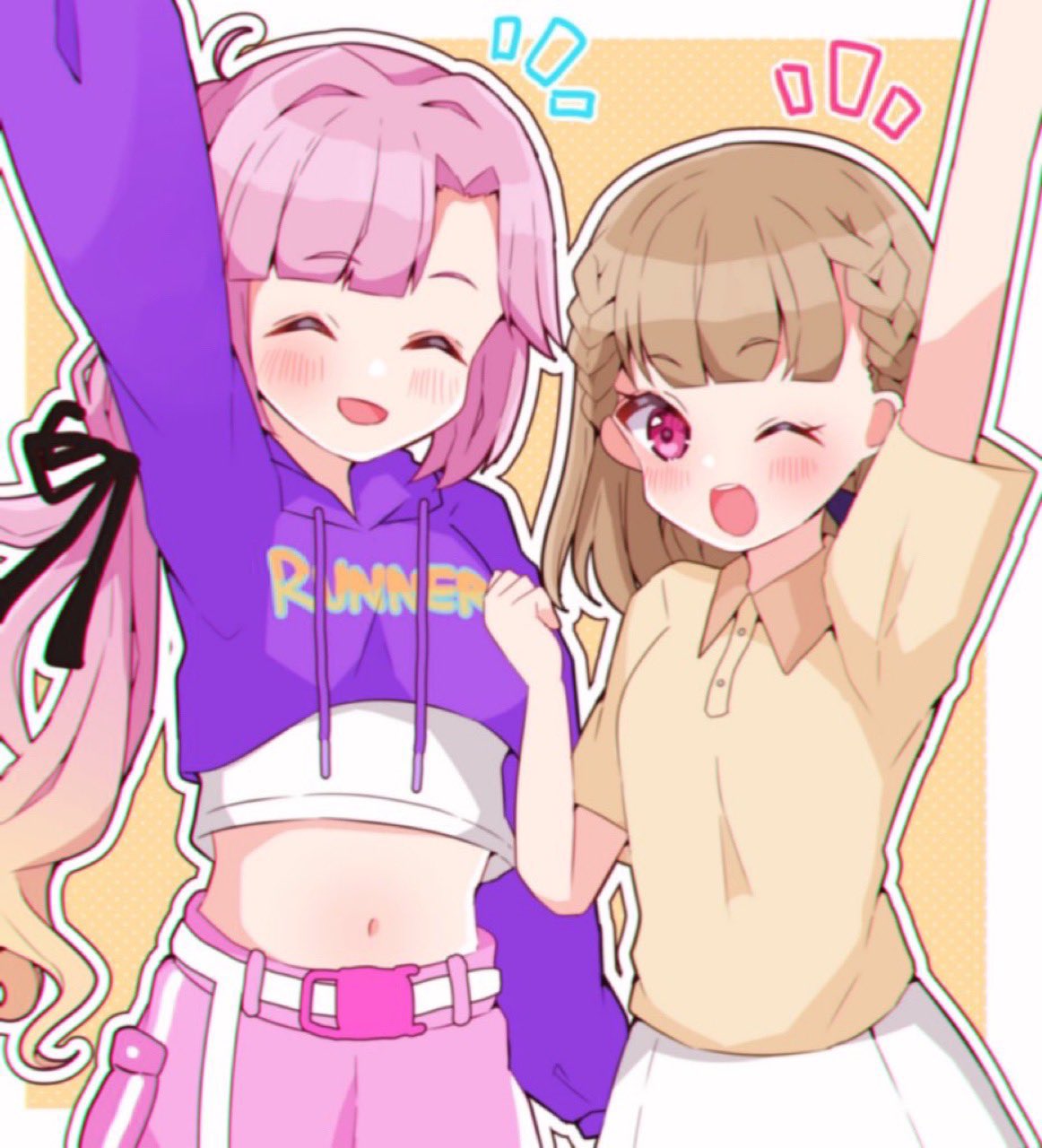 2girls, ;d, ^_^, ahoge, ametan_(meteo_impact), anyoji_hime, arm_up, belt