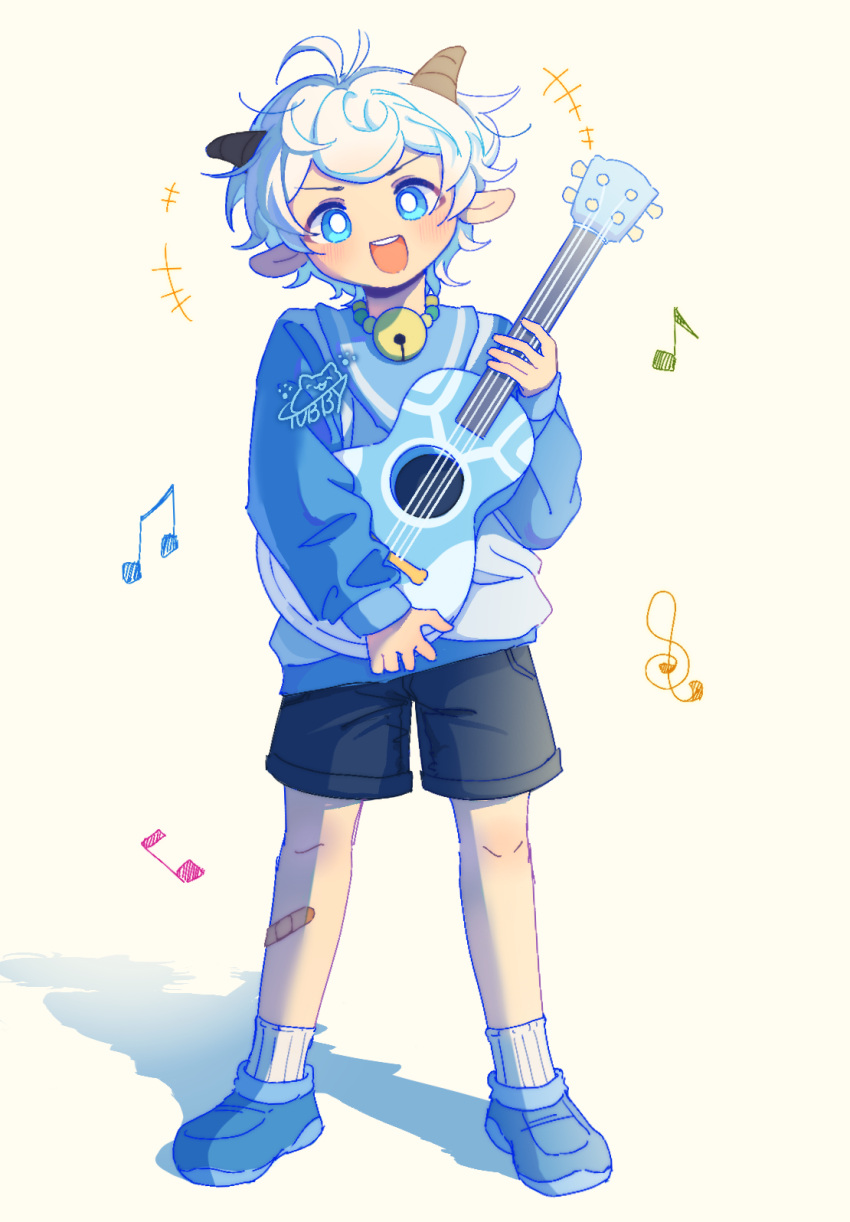 bell, blue_eyes, blush, child, commentary, full_body, highres, horns, humanization, instrument, jingle_bell, looking_at_viewer, music, musical_note, open_mouth, playing_instrument, shunzhiyuanweiji92252, signature, simple_background, smile, solo, symbol-only_commentary, white_background, white_hair