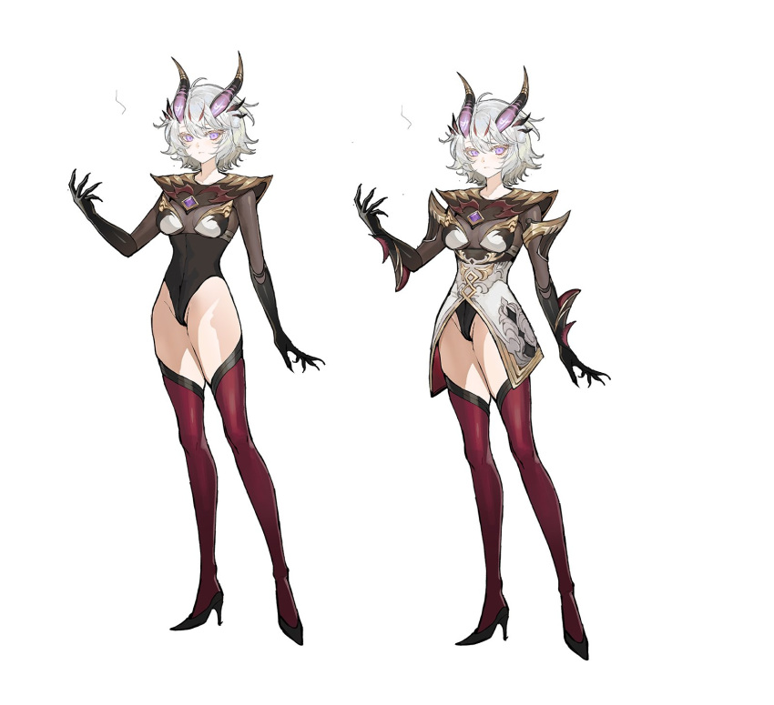 1girl, black_footwear, black_gloves, black_leotard, breasts, closed_mouth, concept_art, fingernails