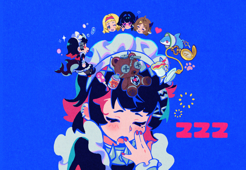 4girls, absurdres, black_hair, blue_background, chibi, closed_eyes, cup, ellen_joe