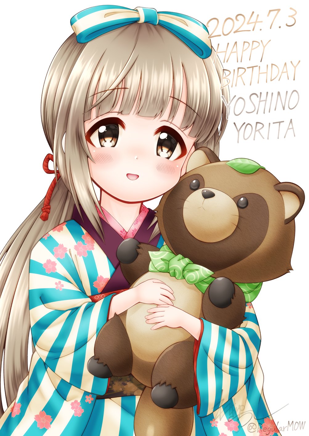 1girl, blue_kimono, bow, brown_eyes, brown_hair, commentary_request, dated, floral_print