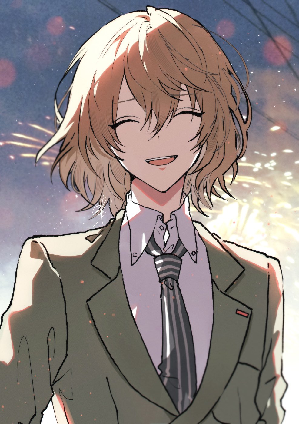 1boy, a_d_chi, akechi_gorou, black_necktie, brown_hair, brown_jacket, closed_eyes, collared_shirt, highres, jacket, looking_at_viewer, male_focus, medium_hair, necktie, open_mouth, outdoors, persona, persona_5, shirt, sky, smile, solo, striped_clothes, striped_necktie, uniform, upper_body, vertical-striped_clothes, vertical-striped_necktie, white_necktie