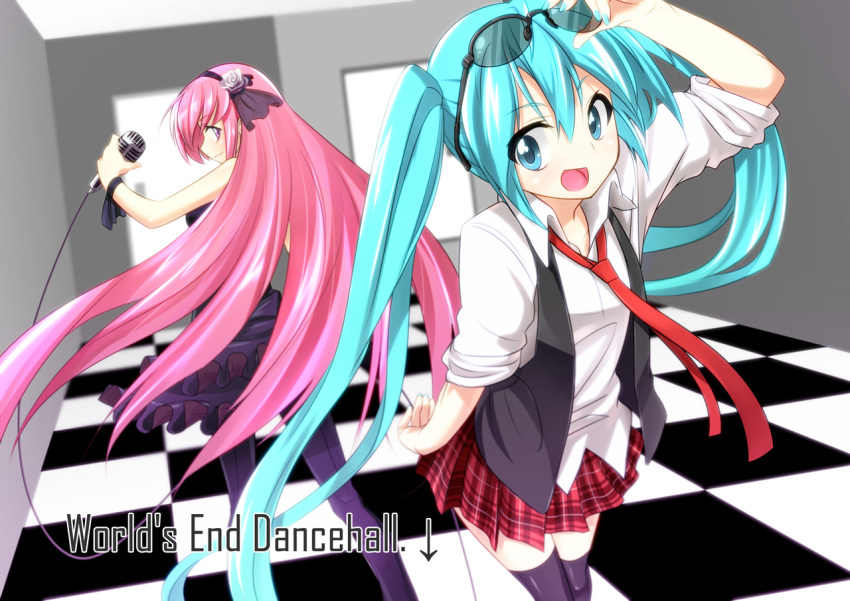 adjusting_glasses, aqua_eyes, aqua_hair, checkered, checkered_floor, dress, glasses, hatsune_miku