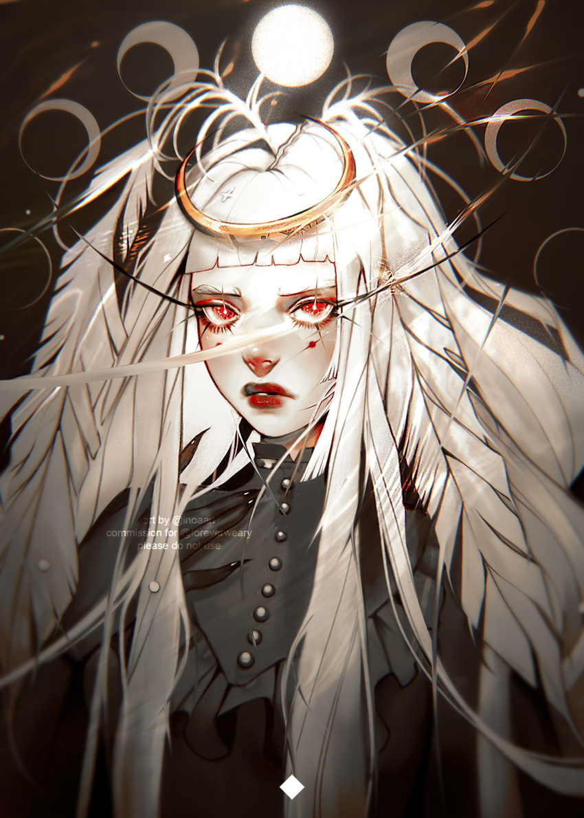 1girl, black_hands, colored_extremities, commission, feather_hair, frown, hand_up, highres